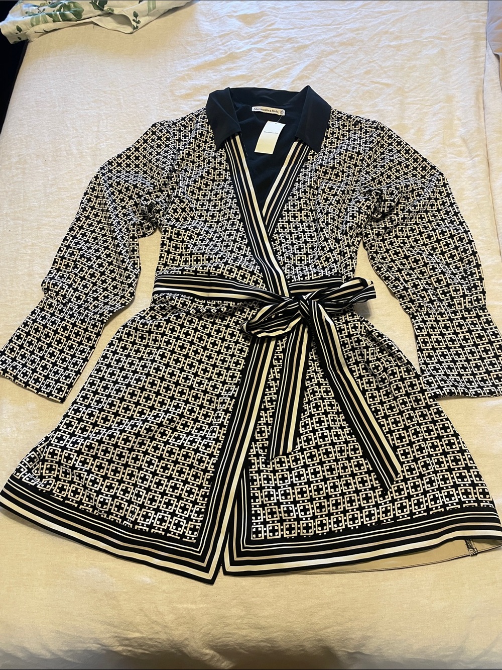 Black & Cream Geometric Wrap Dress with Tie Belt